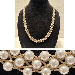 Vintage  24” gold tone woven Faux pearl Beaded Braided necklace Wedding Glamour